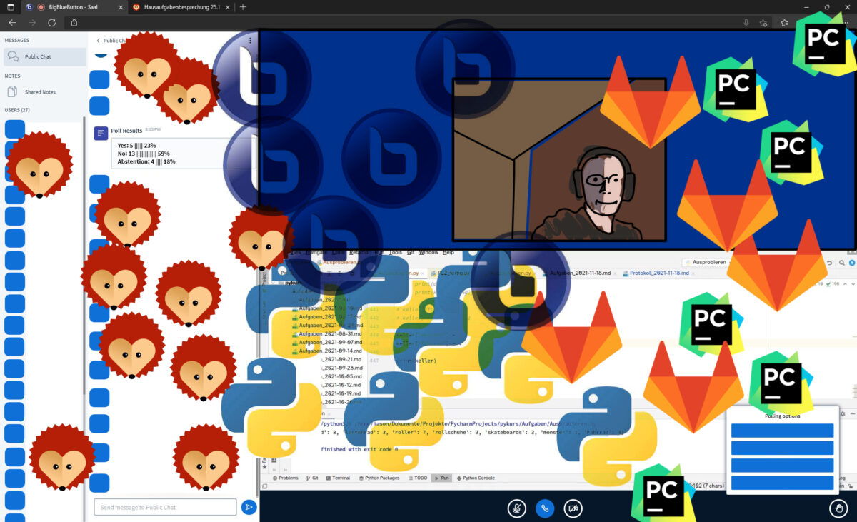 A BigBlueButton Conference overlayed with icons of software