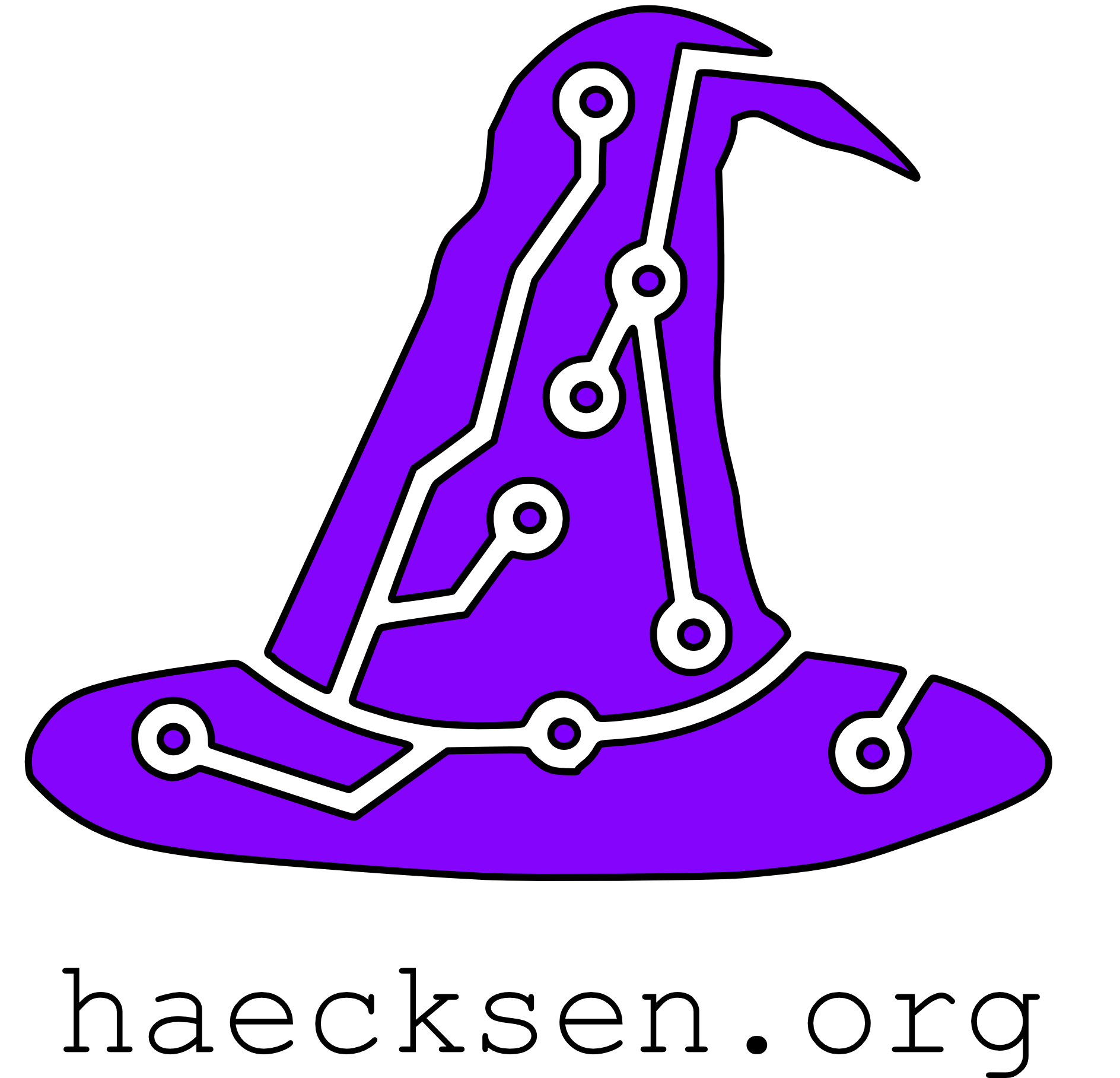Das Haecksenlogo im CFC 25 Design. Es ist ein lilafarbener Hexenhut, der von Leiterbahnen durchzogen ist. Darunter steht geschrieben: haecksen Punkt org.